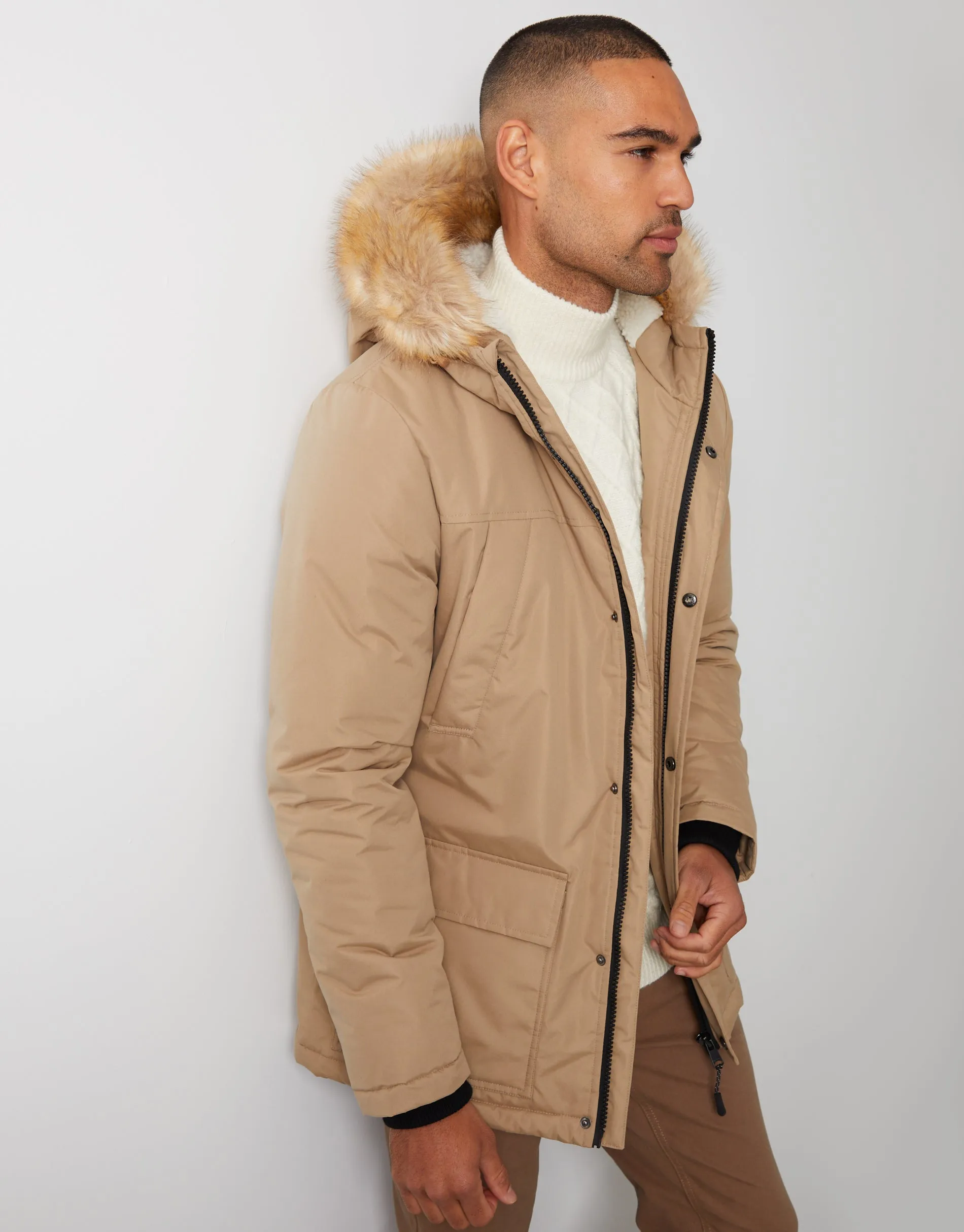 Men's Camel Showerproof Parka Jacket with Borg-Lined Hood sold by Threadbare