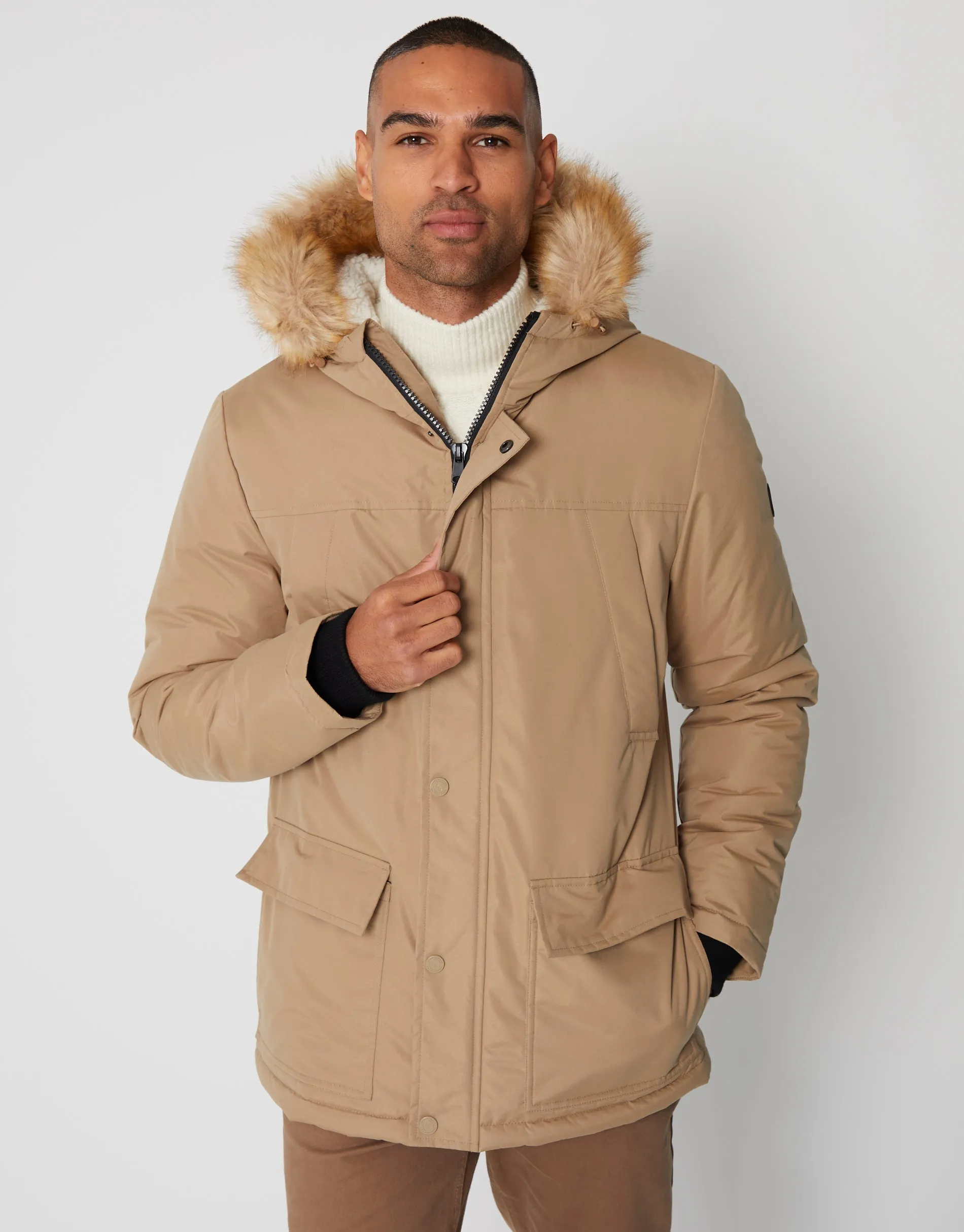 Men's Camel Showerproof Parka Jacket with Borg-Lined Hood sold by Threadbare product image thumbnail 4