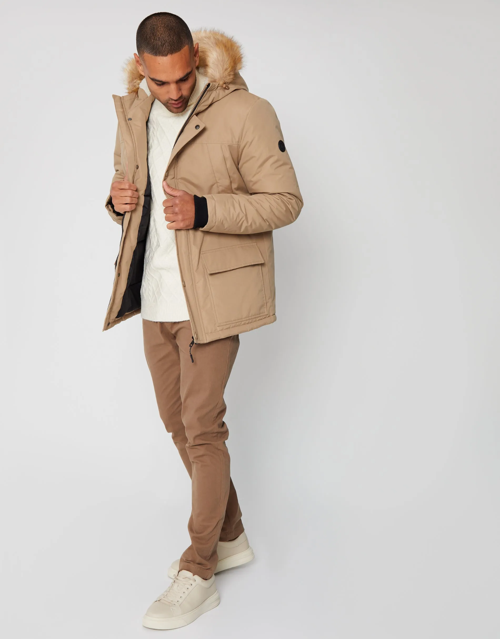 Men's Camel Showerproof Parka Jacket with Borg-Lined Hood sold by Threadbare product image thumbnail 3
