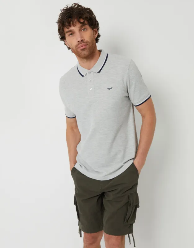 Grey Marl Herringbone Tipping Detail Pique Polo Shirt sold by Threadbare