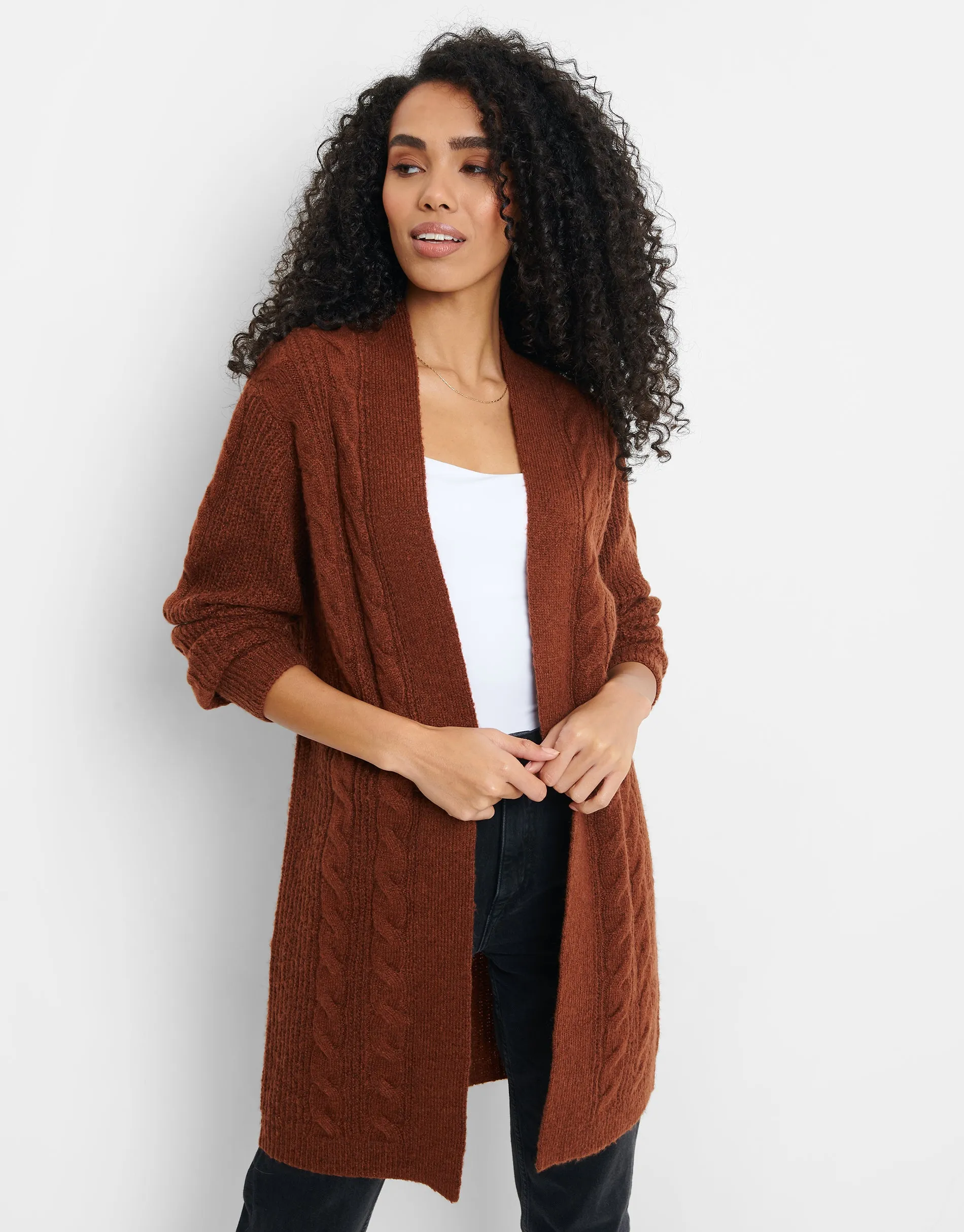 Women's Chocolate Cable Knit Cardigan sold by Threadbare