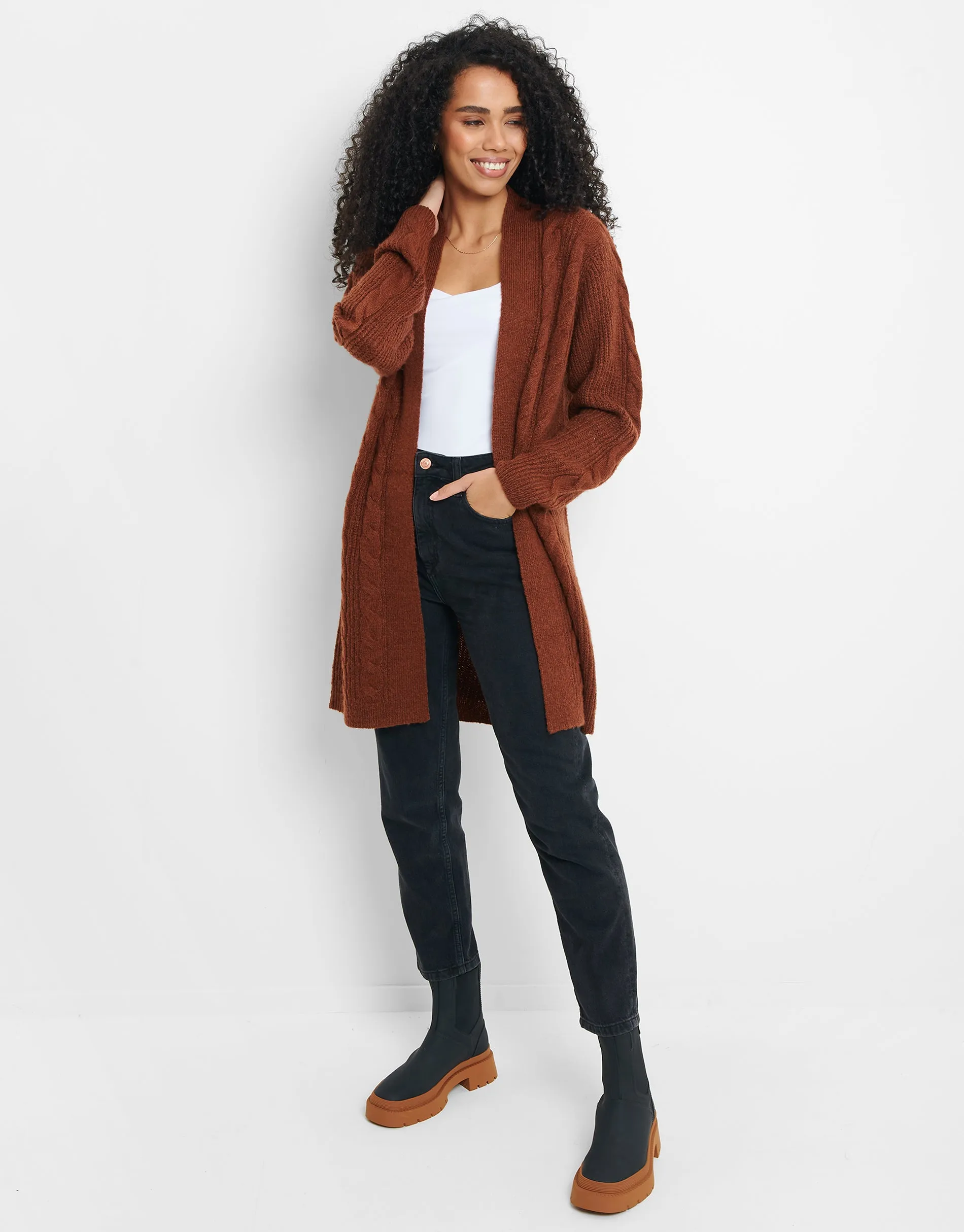 Women's Chocolate Cable Knit Cardigan sold by Threadbare product image thumbnail 3