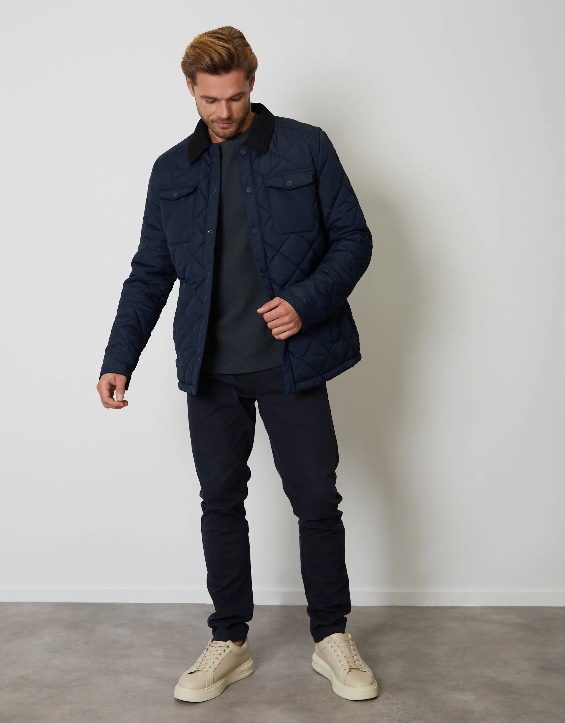 Men's Navy Showerproof Quilted Microfleece Lined Collared Jacket sold by Threadbare product image thumbnail 3