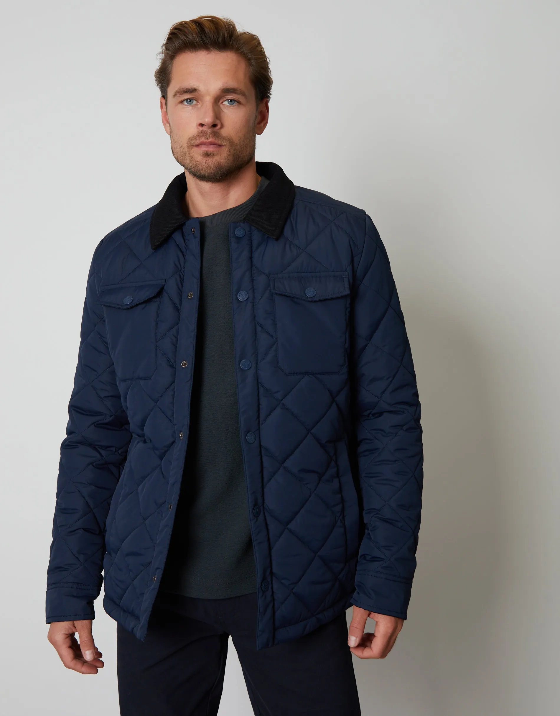Men's Navy Showerproof Quilted Microfleece Lined Collared Jacket sold by Threadbare