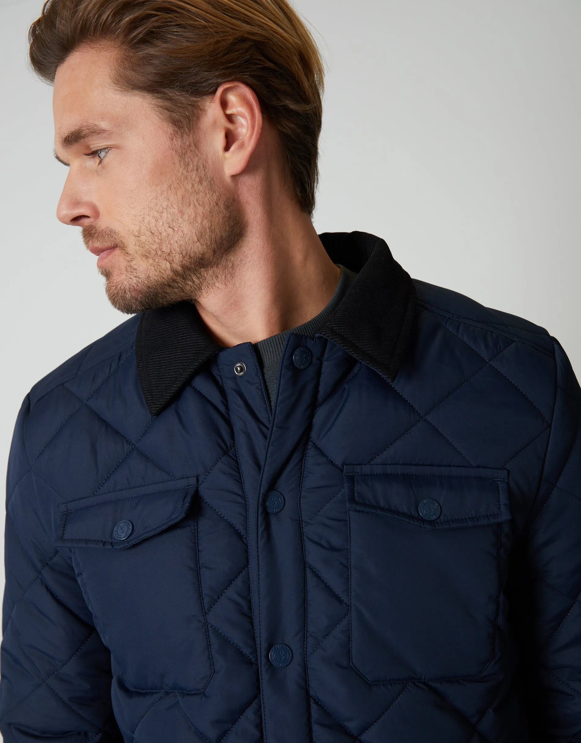 Men's Navy Showerproof Quilted Microfleece Lined Collared Jacket sold by Threadbare product image thumbnail 4