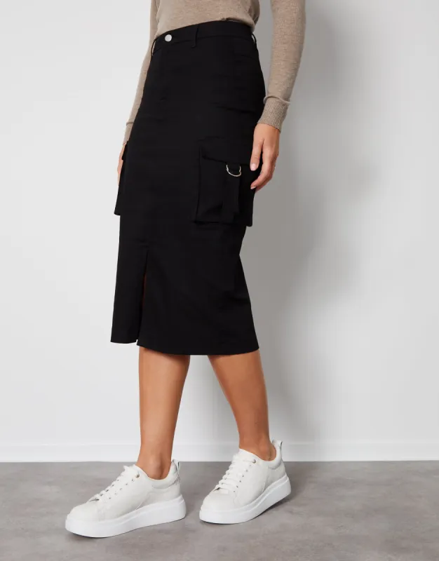 Women's Black Utility Cargo Midi Skirt sold by Threadbare