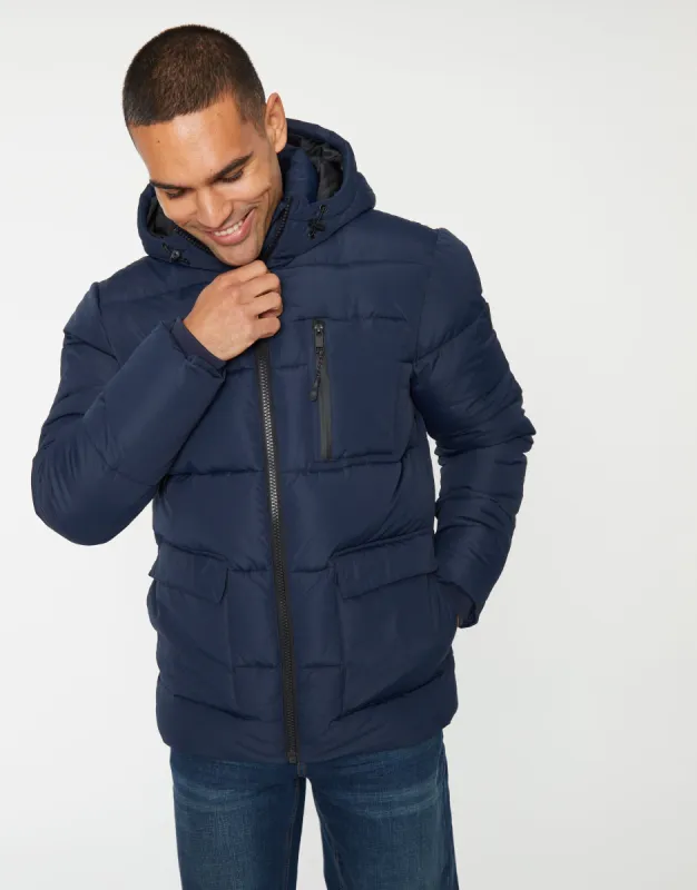 Men's Navy Showerproof Double Layer Puffer Jacket sold by Threadbare