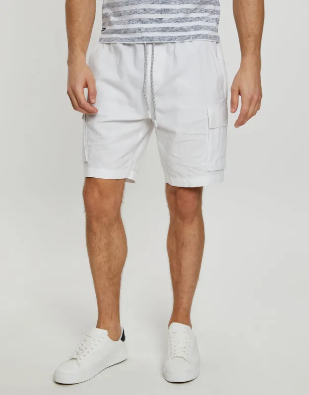 Men's White Linen Blend Cargo Shorts sold by Threadbare