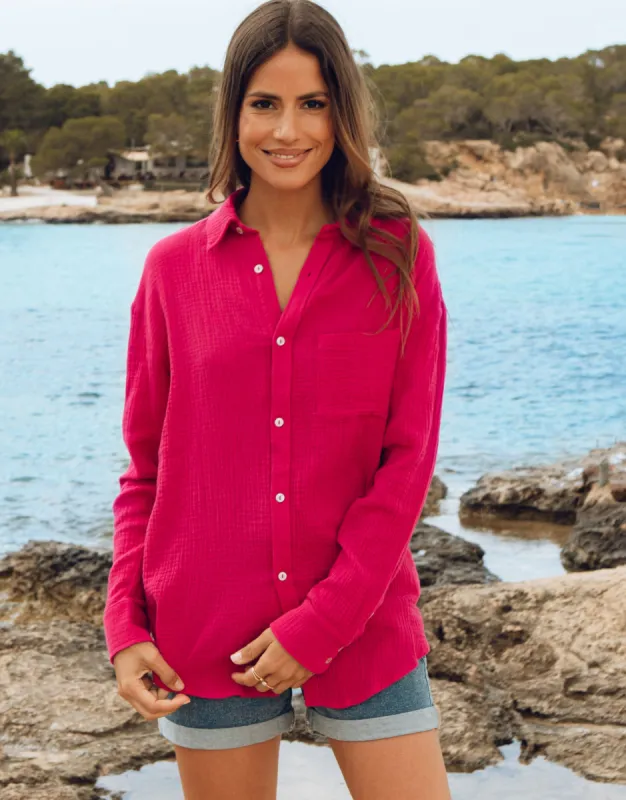 Women's Pink Long Sleeve Crinkle Cotton Shirt sold by Threadbare