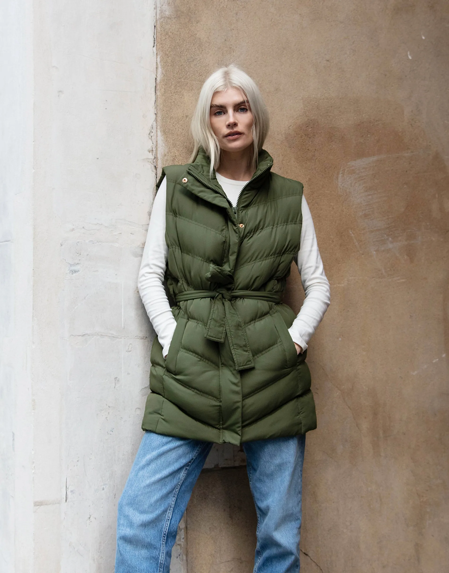 Women's Khaki Belted Quilted Gilet sold by Threadbare
