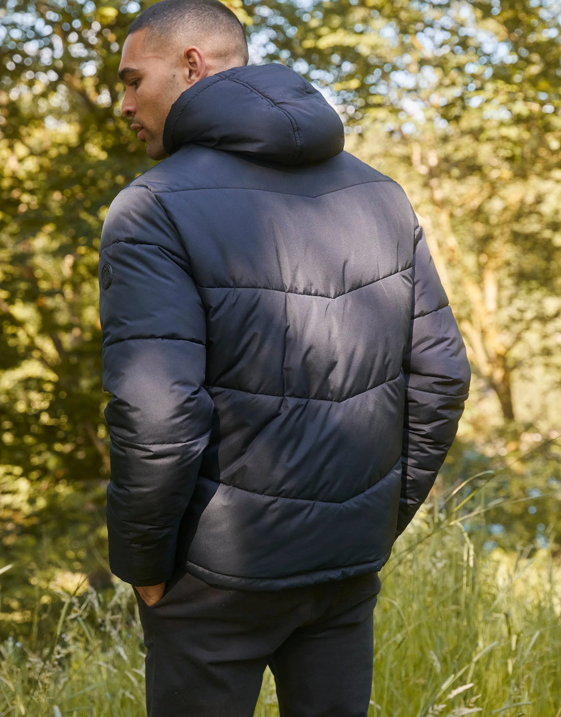 Men's Black Showerproof 4 Pocket Hooded Puffer Jacket sold by Threadbare product image thumbnail 2