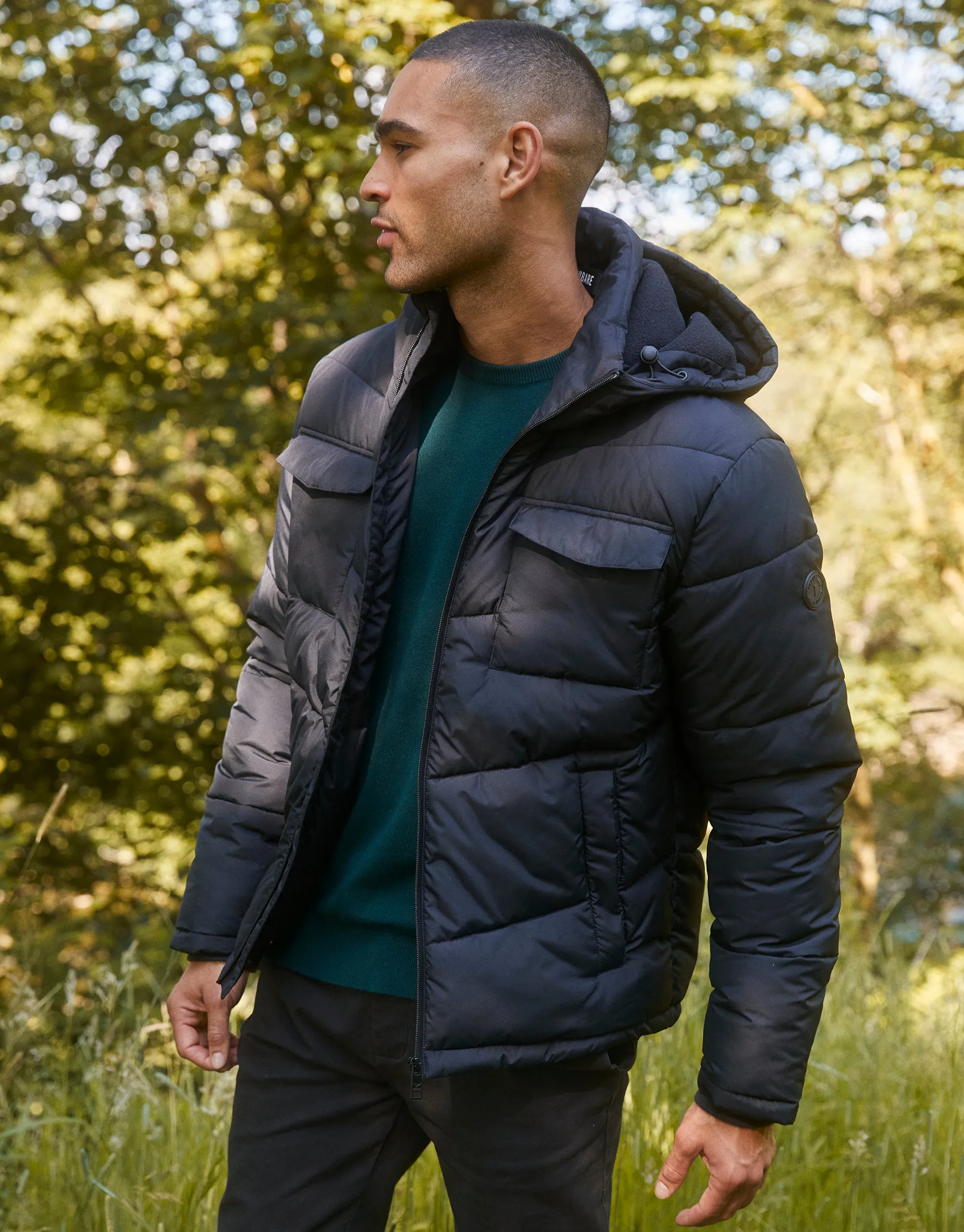 Men's Black Showerproof 4 Pocket Hooded Puffer Jacket sold by Threadbare product image thumbnail 3