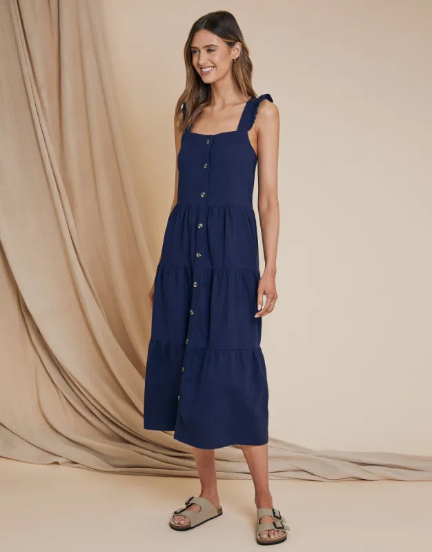 Women's Navy Linen Blend Tiered Midi Dress with Flutter Strap sold by Threadbare