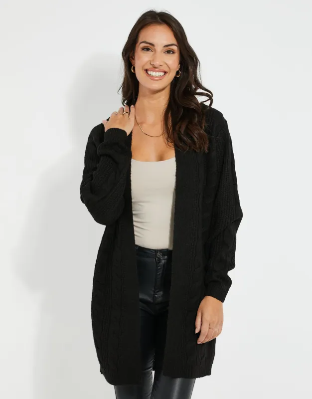 Women's Petite Black Cable Knit Cardigan sold by Threadbare