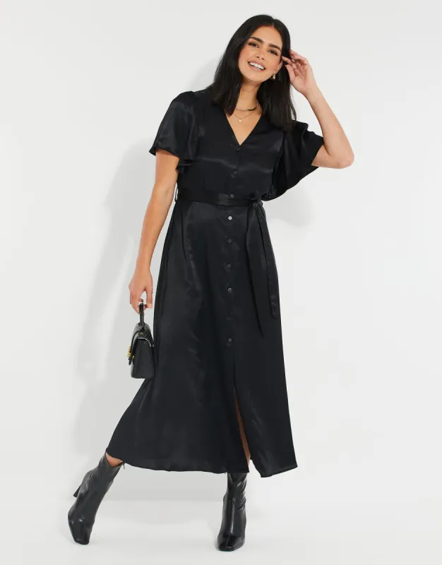 Women's Black Satin Button Down Midi Dress sold by Threadbare