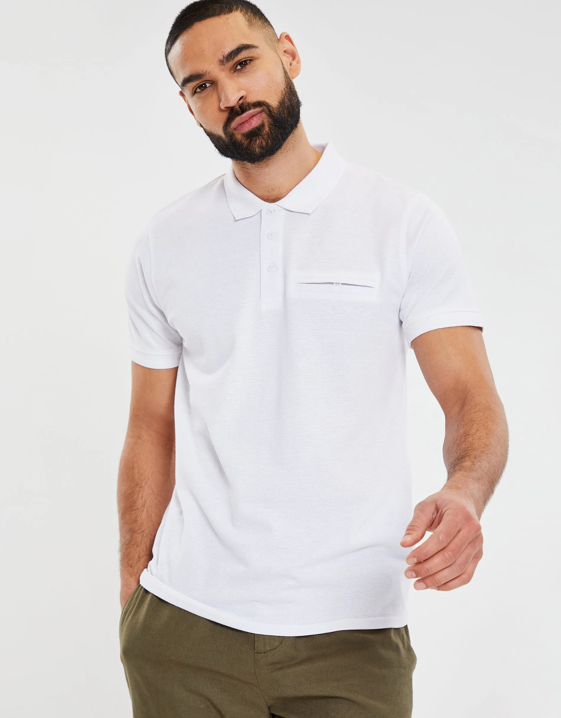 Men's White Honeycomb Rib Jetted Pocket Polo Shirt sold by Threadbare