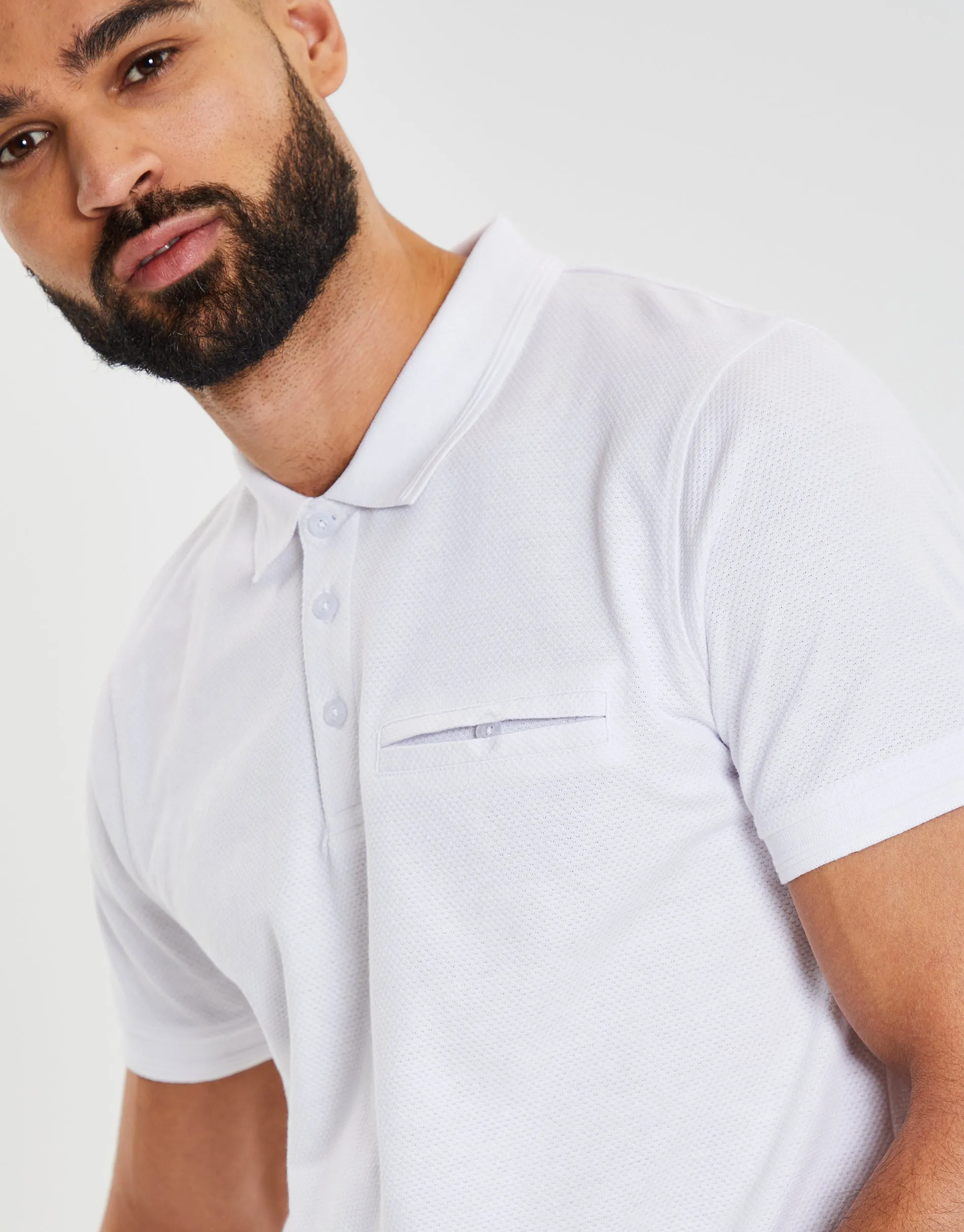 Men's White Honeycomb Rib Jetted Pocket Polo Shirt sold by Threadbare product image thumbnail 4