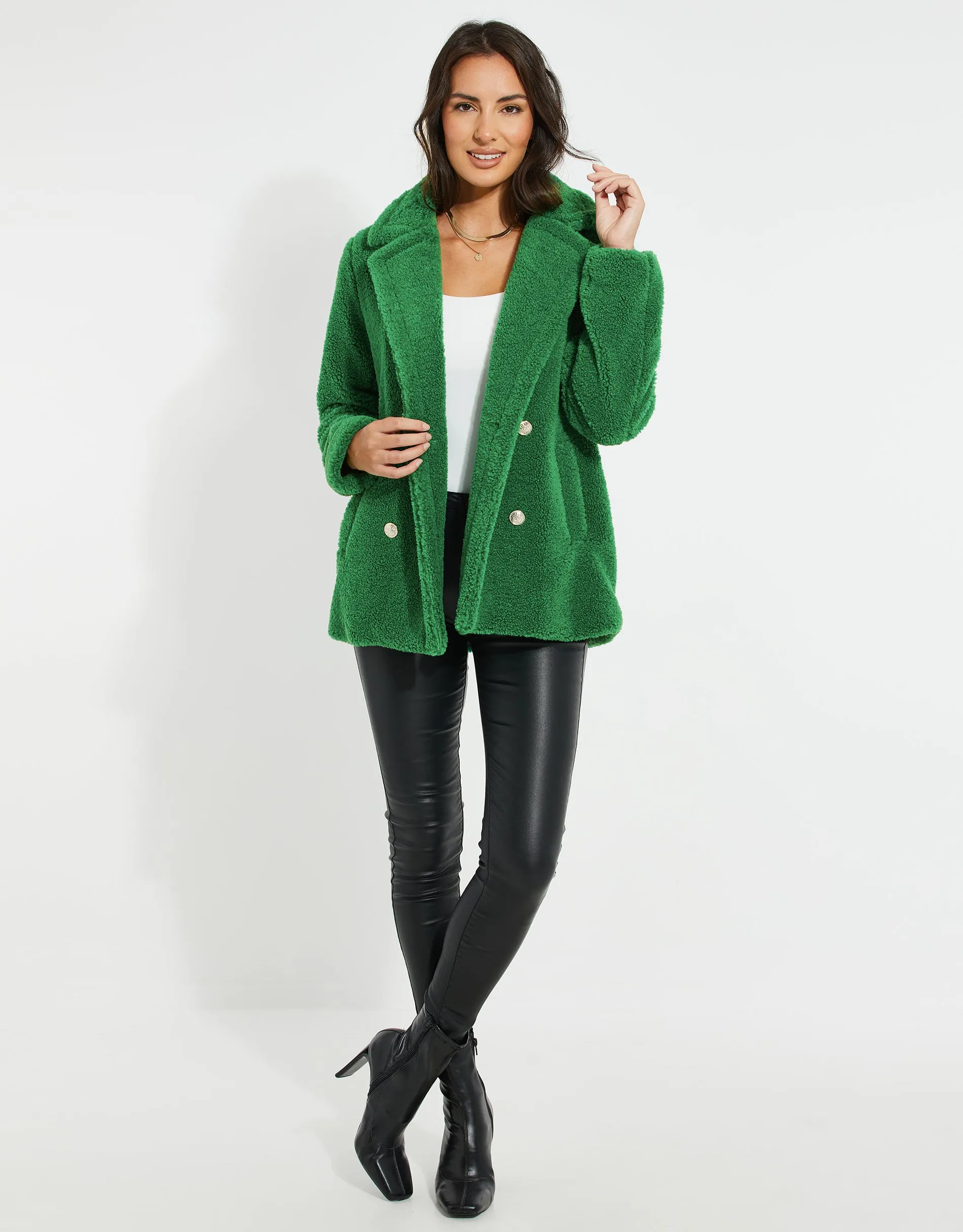 Women's Green Double Breasted Faux Borg Coat sold by Threadbare product image thumbnail 4
