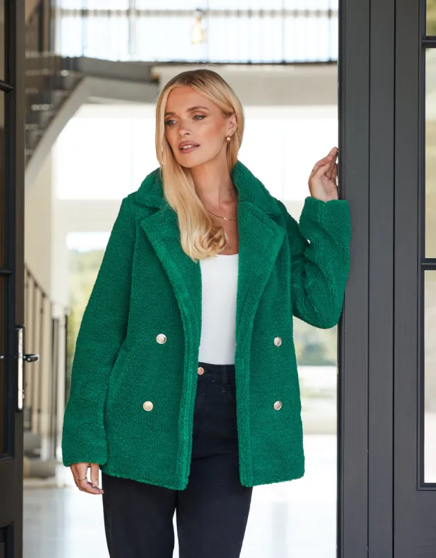 Women's Green Double Breasted Faux Borg Coat sold by Threadbare