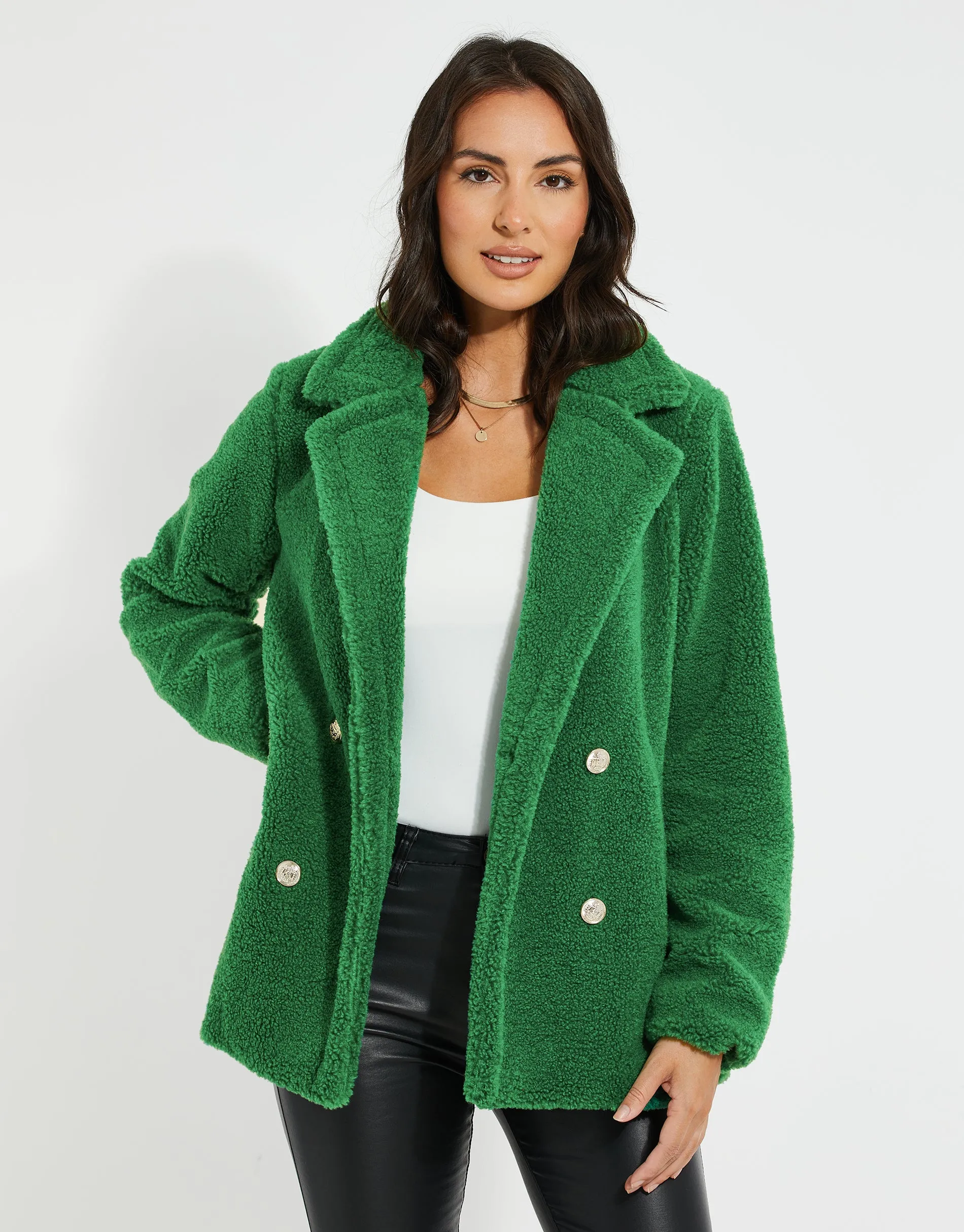 Women's Green Double Breasted Faux Borg Coat sold by Threadbare product image thumbnail 2