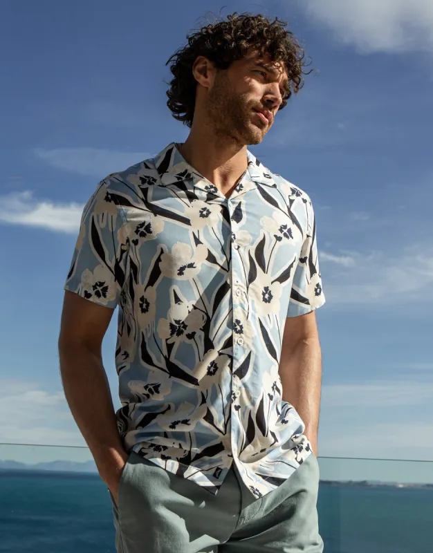 Men's Sky Blue Floral Print Short Sleeve Shirt sold by Threadbare