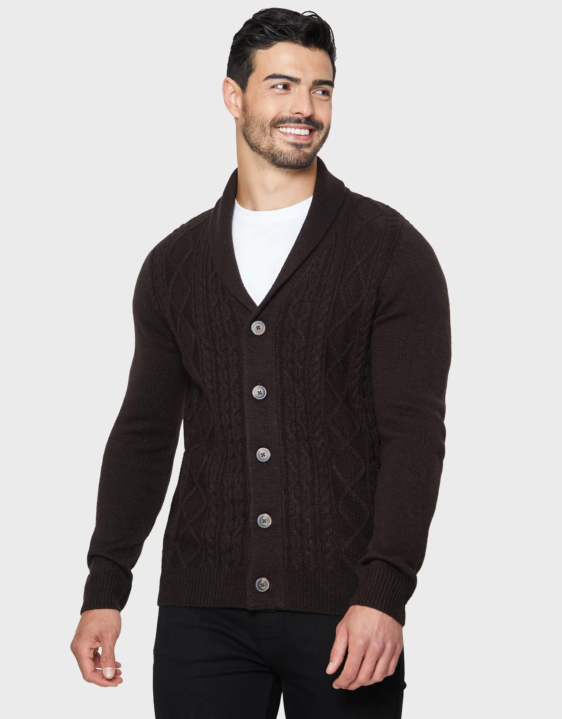 Men's Chocolate Shawl Cardigan sold by Threadbare
