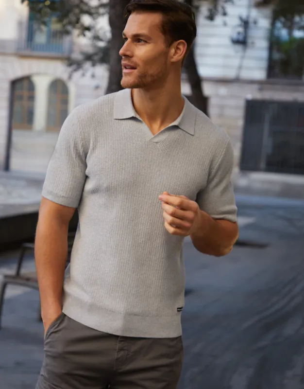 Men's Light Grey Trophy Neck Knitted Polo sold by Threadbare