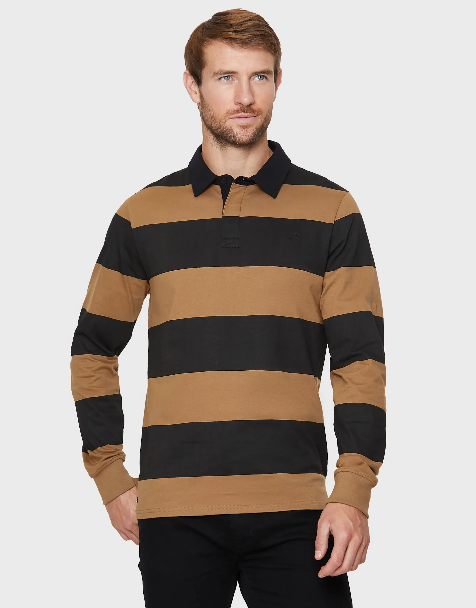 Men's Black & Camel Striped Rugby Shirt sold by Threadbare