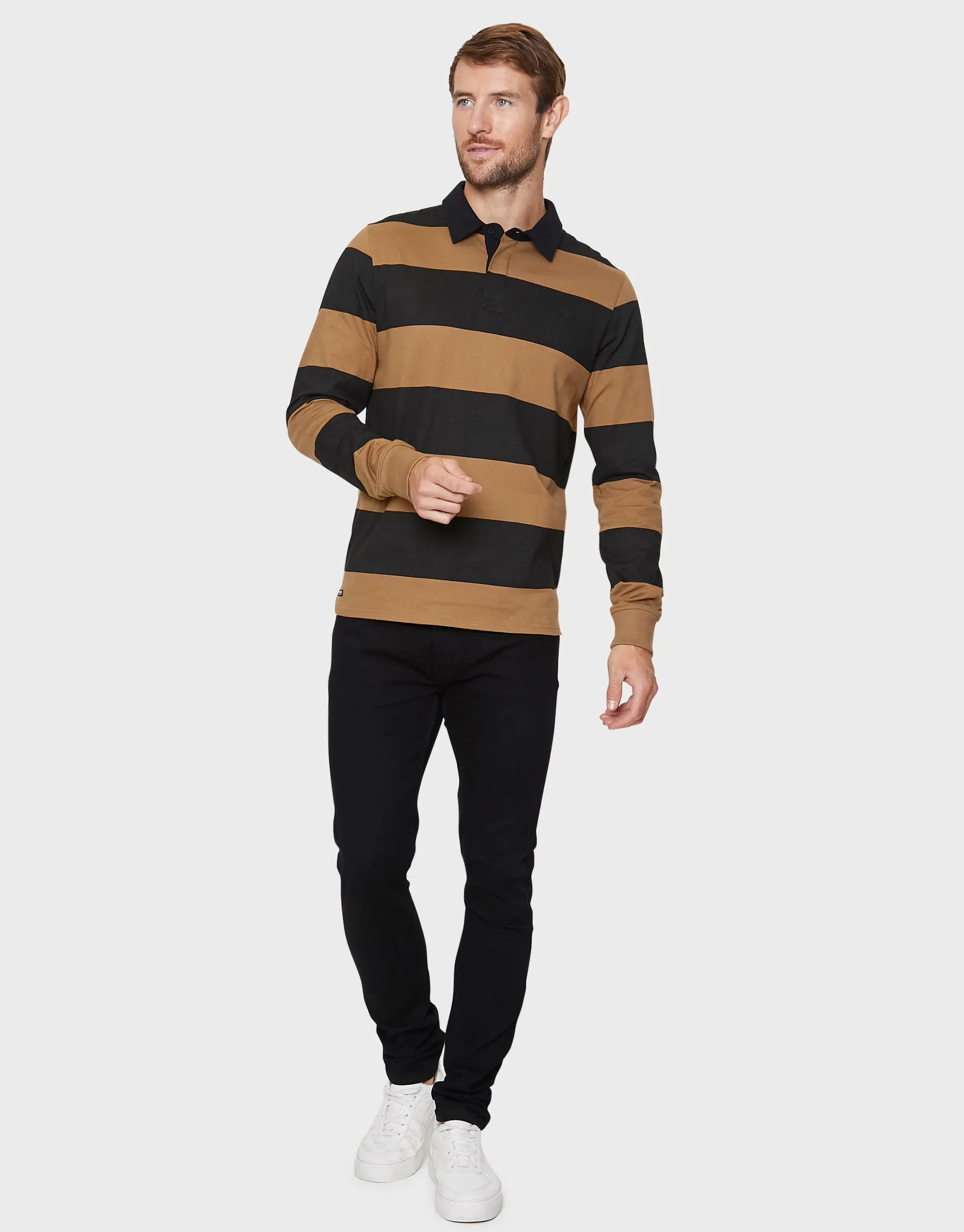 Men's Black & Camel Striped Rugby Shirt sold by Threadbare product image thumbnail 3
