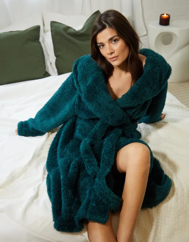 Women's Teal Fluffy Dressing Gown sold by Threadbare