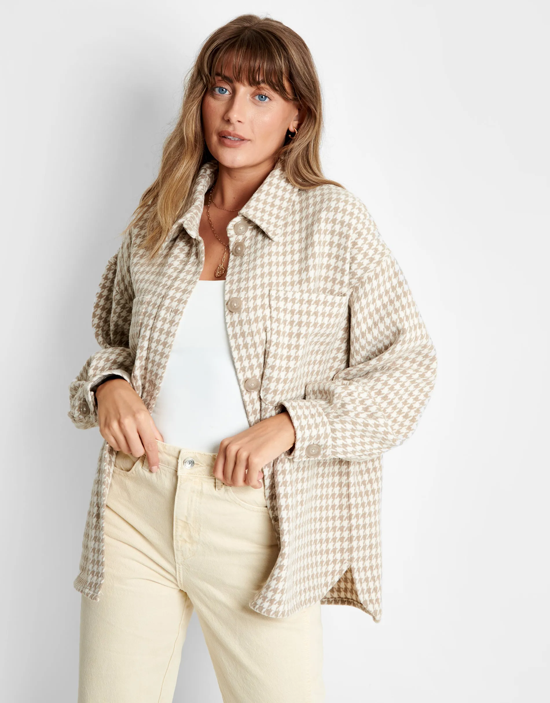 Women's Beige Check Oversized Shacket sold by Threadbare