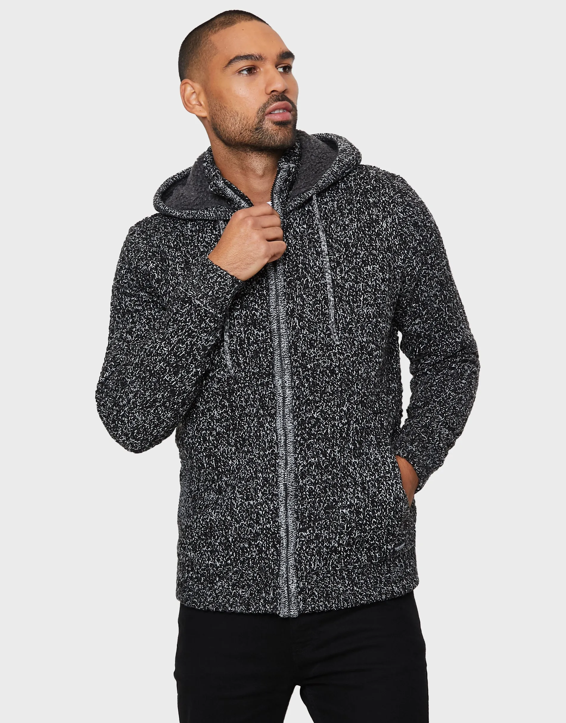 Men's Jet Black Ecru Twist Zip-Through Hoodie sold by Threadbare