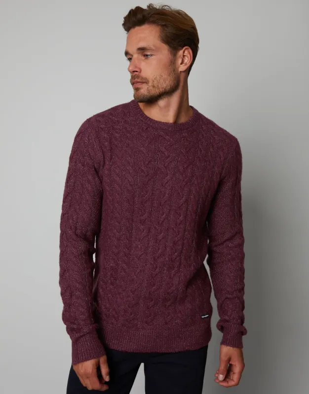 Men's Burgundy Cable Knit Detail Crew Neck Jumper sold by Threadbare