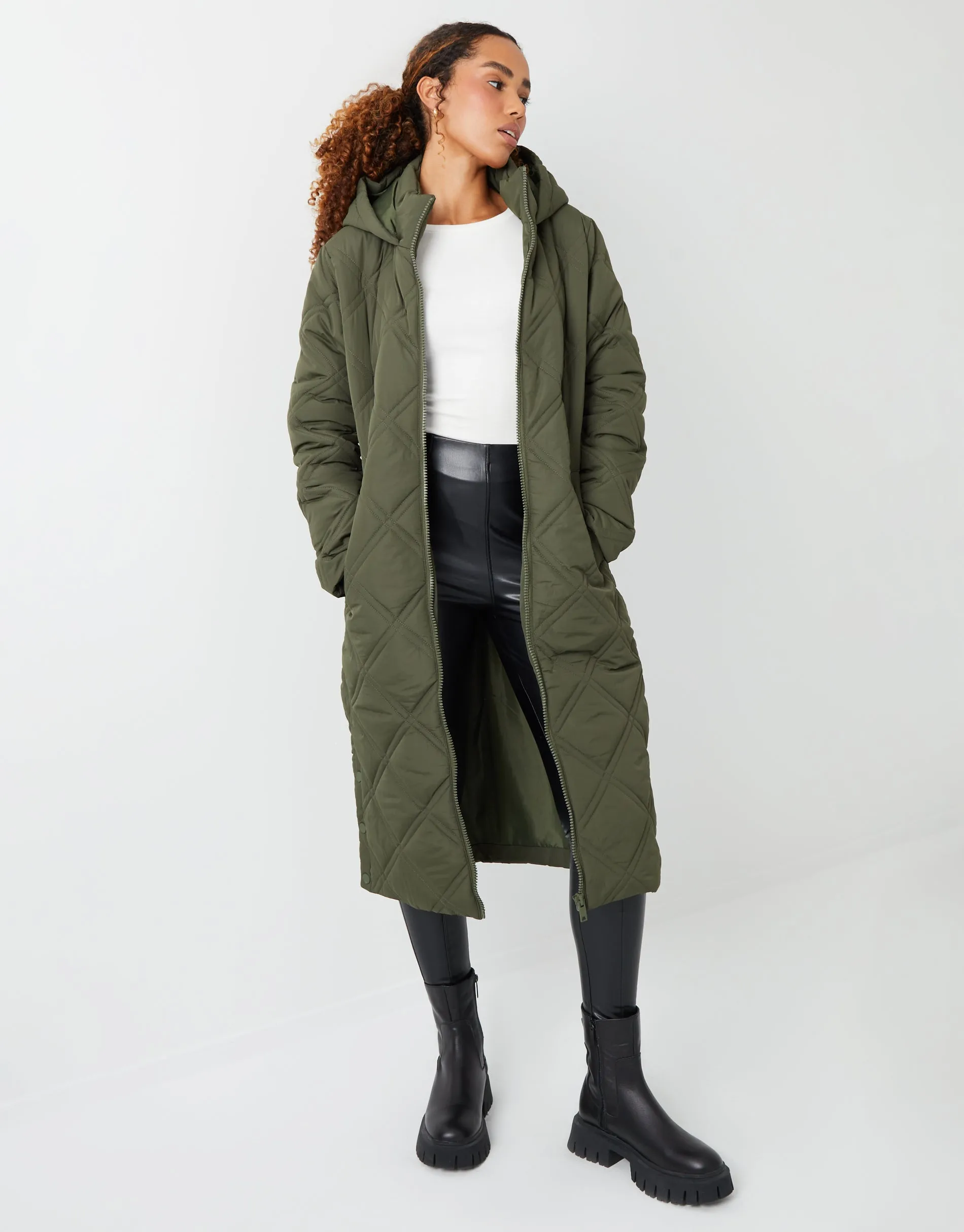 Women's Khaki Diamond Quilted Belted Coat sold by Threadbare product image thumbnail 4