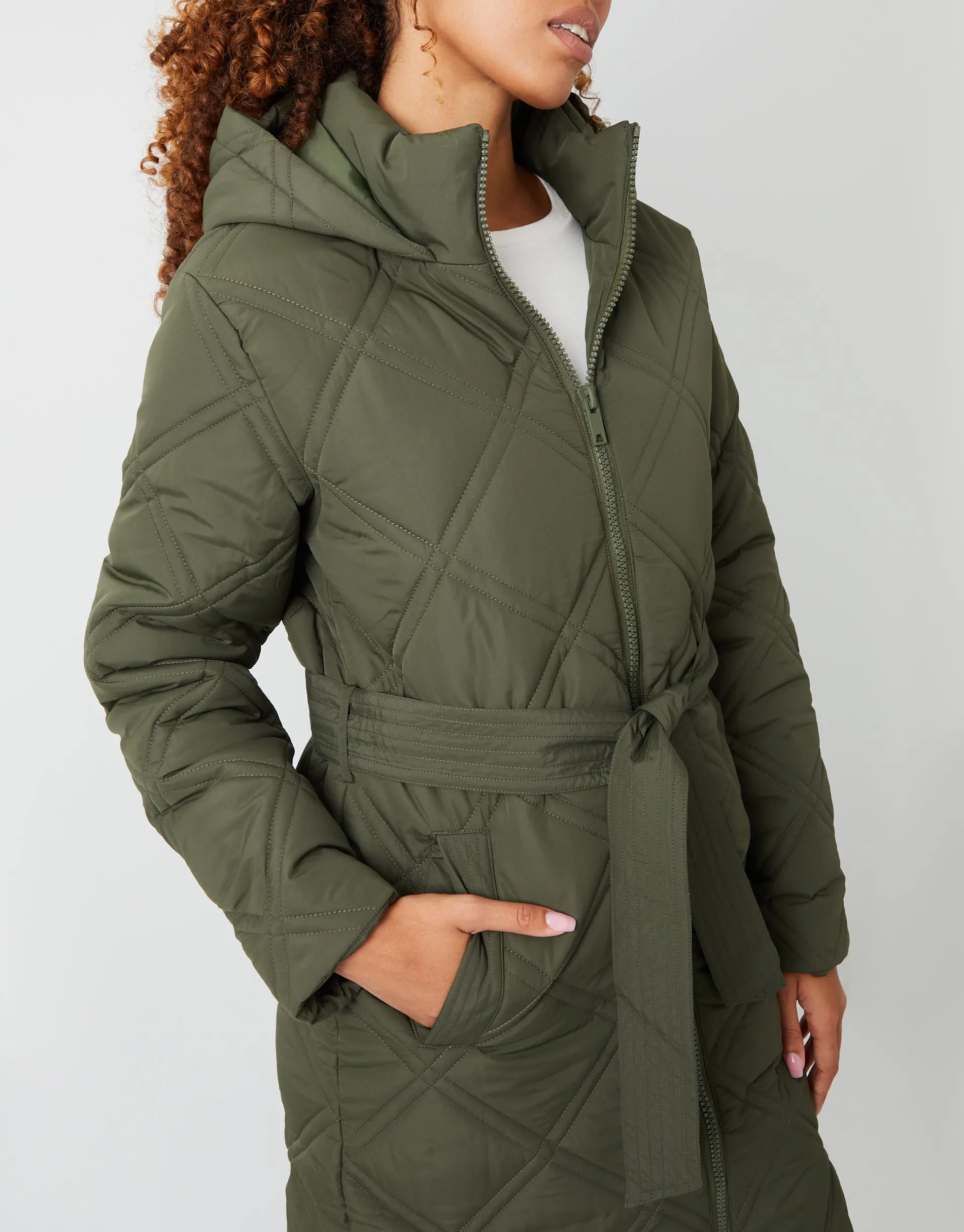 Women's Khaki Diamond Quilted Belted Coat sold by Threadbare product image thumbnail 5