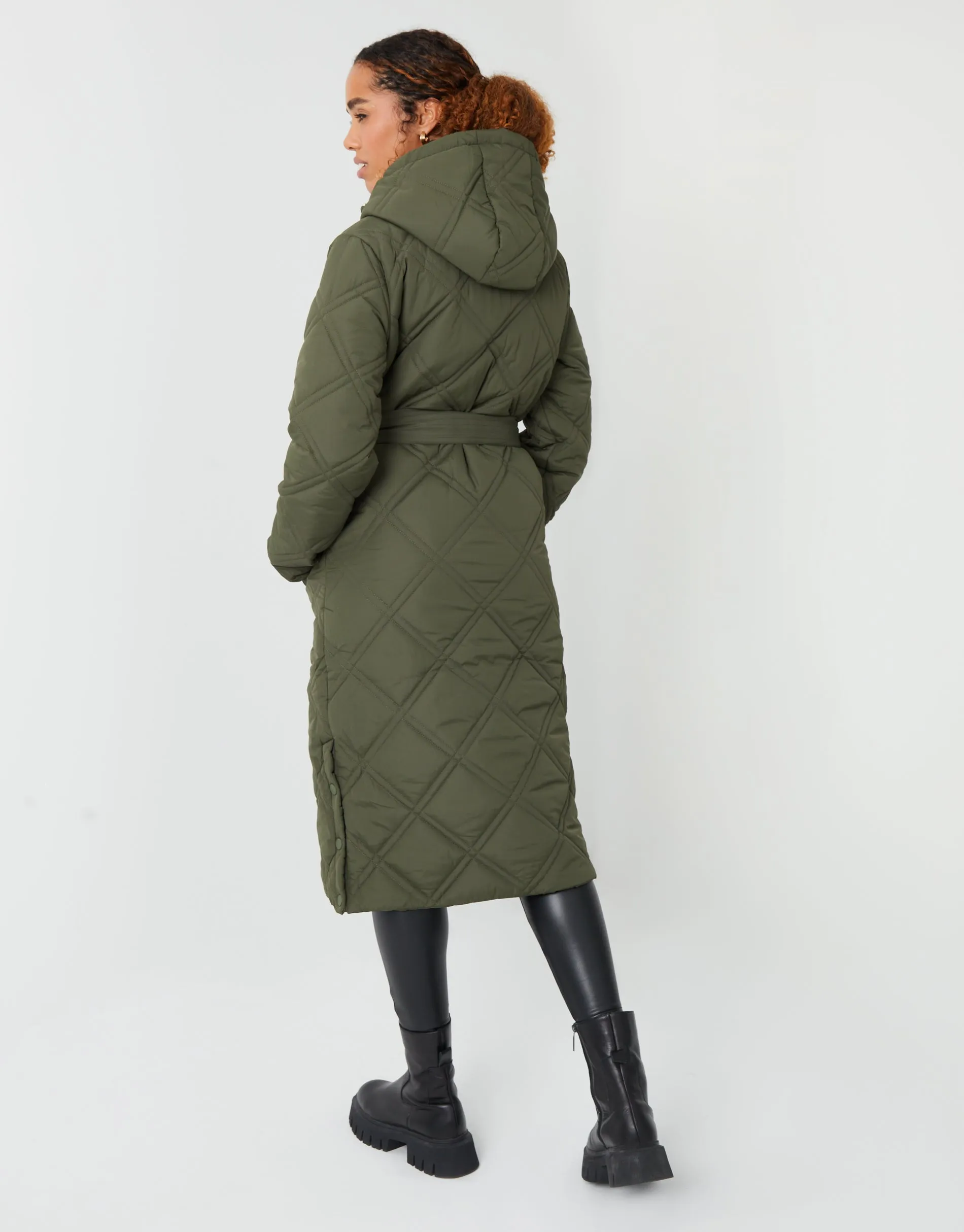 Women's Khaki Diamond Quilted Belted Coat sold by Threadbare product image thumbnail 3