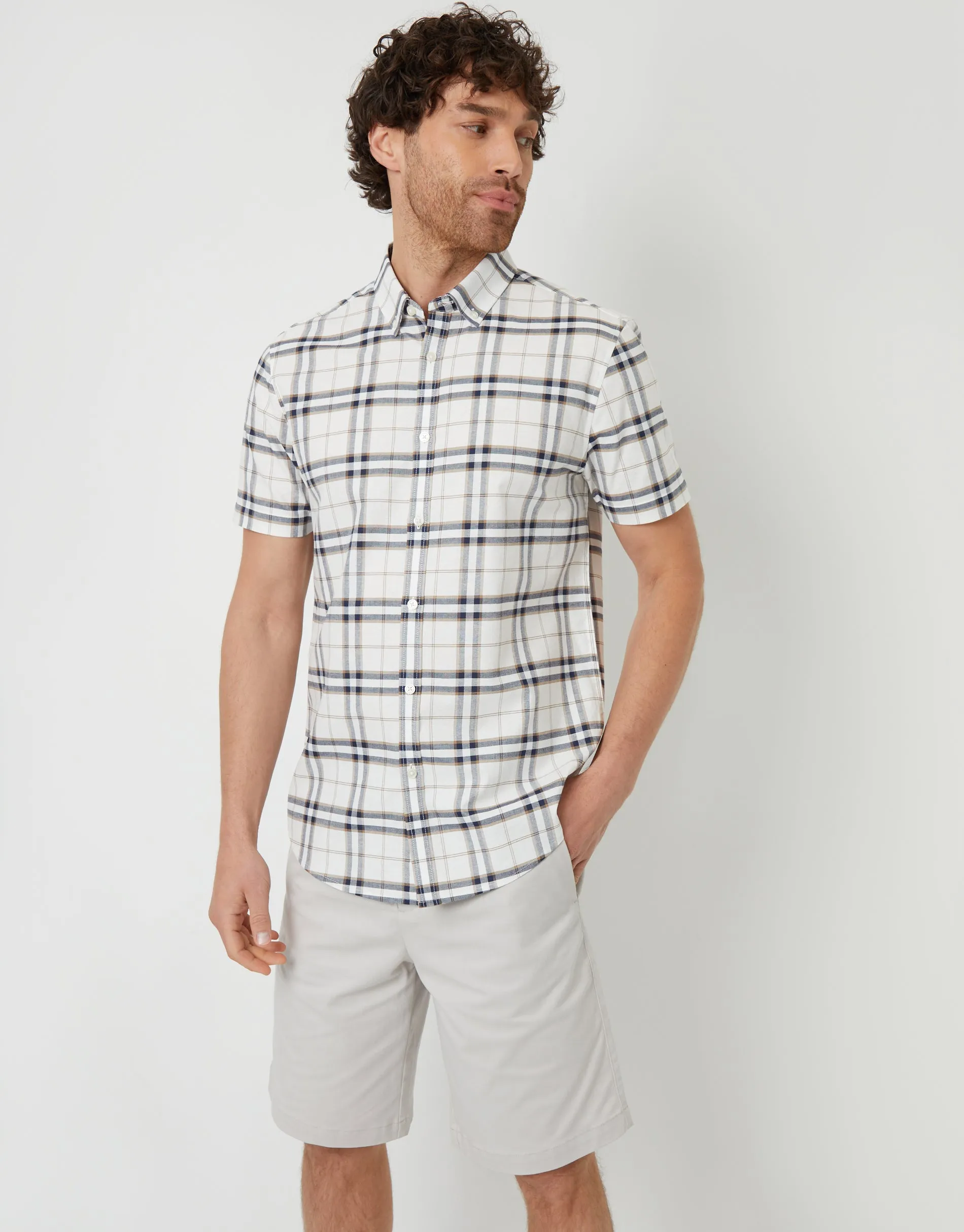 Cream Check Short Sleeve Casual Shirt sold by Threadbare