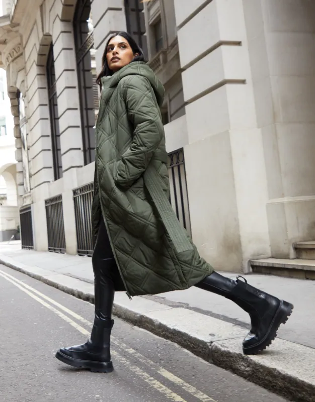 Women's Khaki Diamond Quilted Belted Coat sold by Threadbare