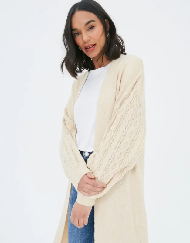 Women's Cream Longline Cable Knit Cardigan sold by Threadbare