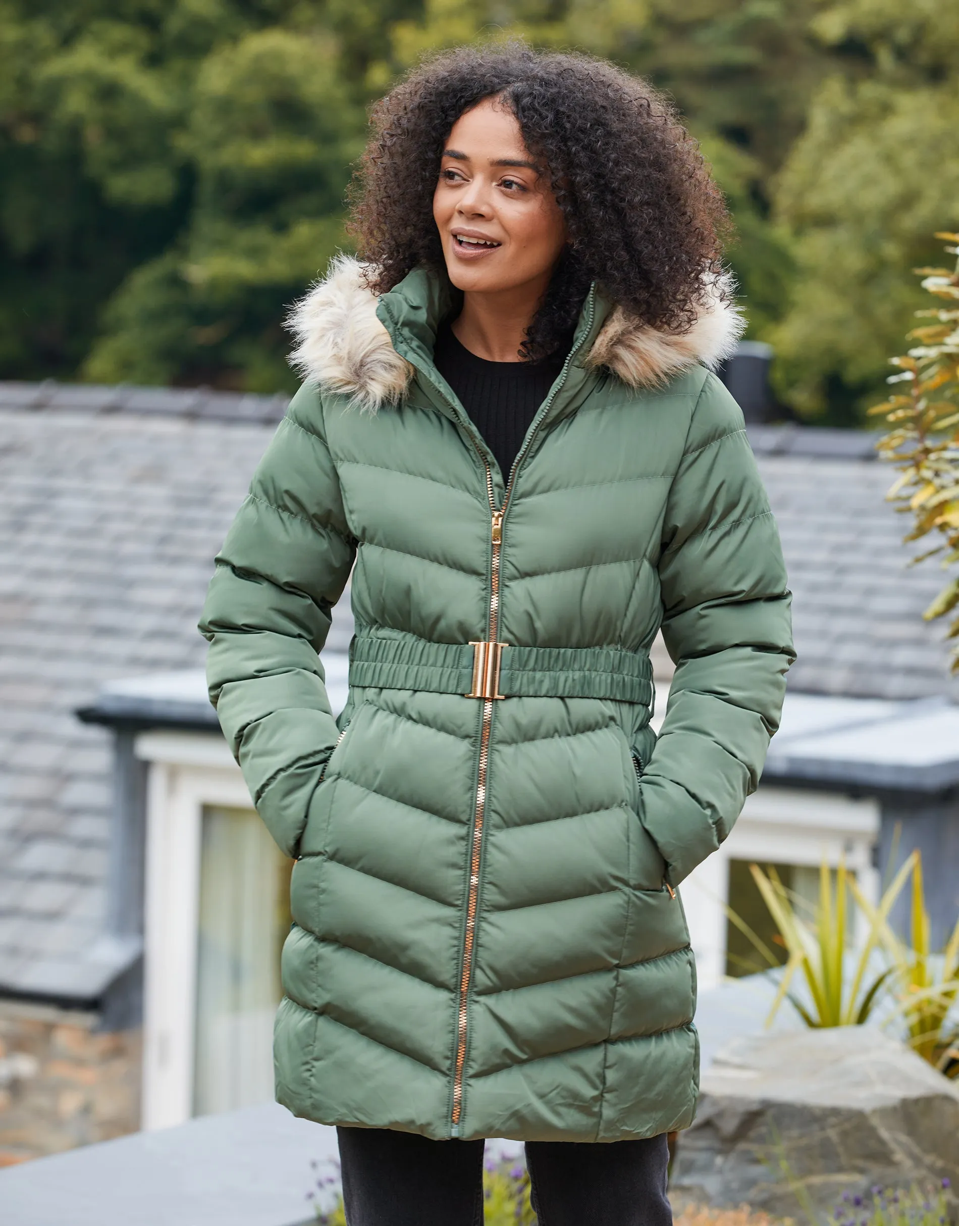 Women's Green Belted Parka Jacket sold by Threadbare