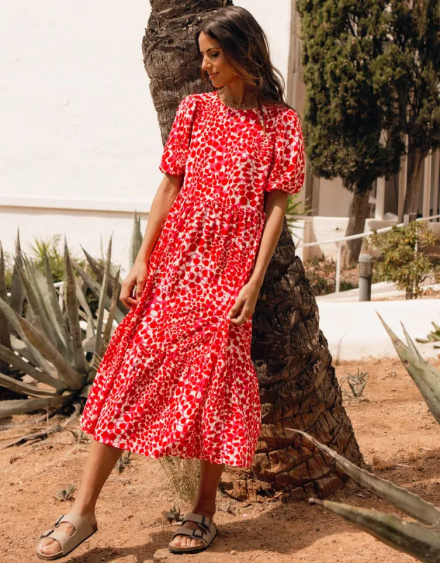 Women's Red Abstract Spot Print Puff Sleeve Tiered Smock Midi Dress sold by Threadbare