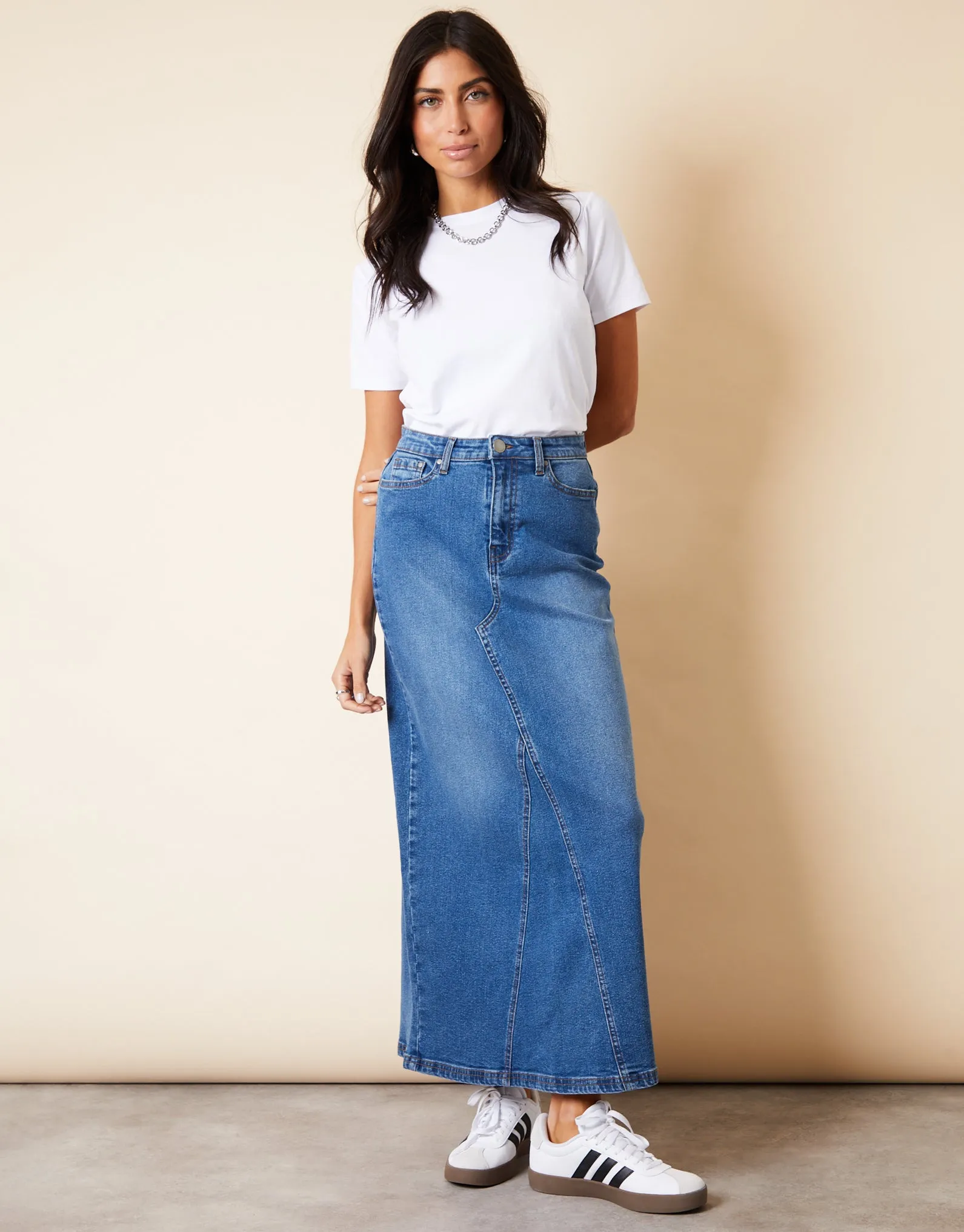 Women's Mid Wash Split Back Fishtail Denim Maxi Skirt sold by Threadbare