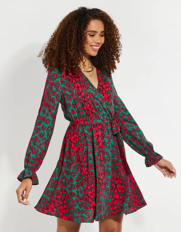 Women's Green Leopard Print Mini Wrap Dress sold by Threadbare