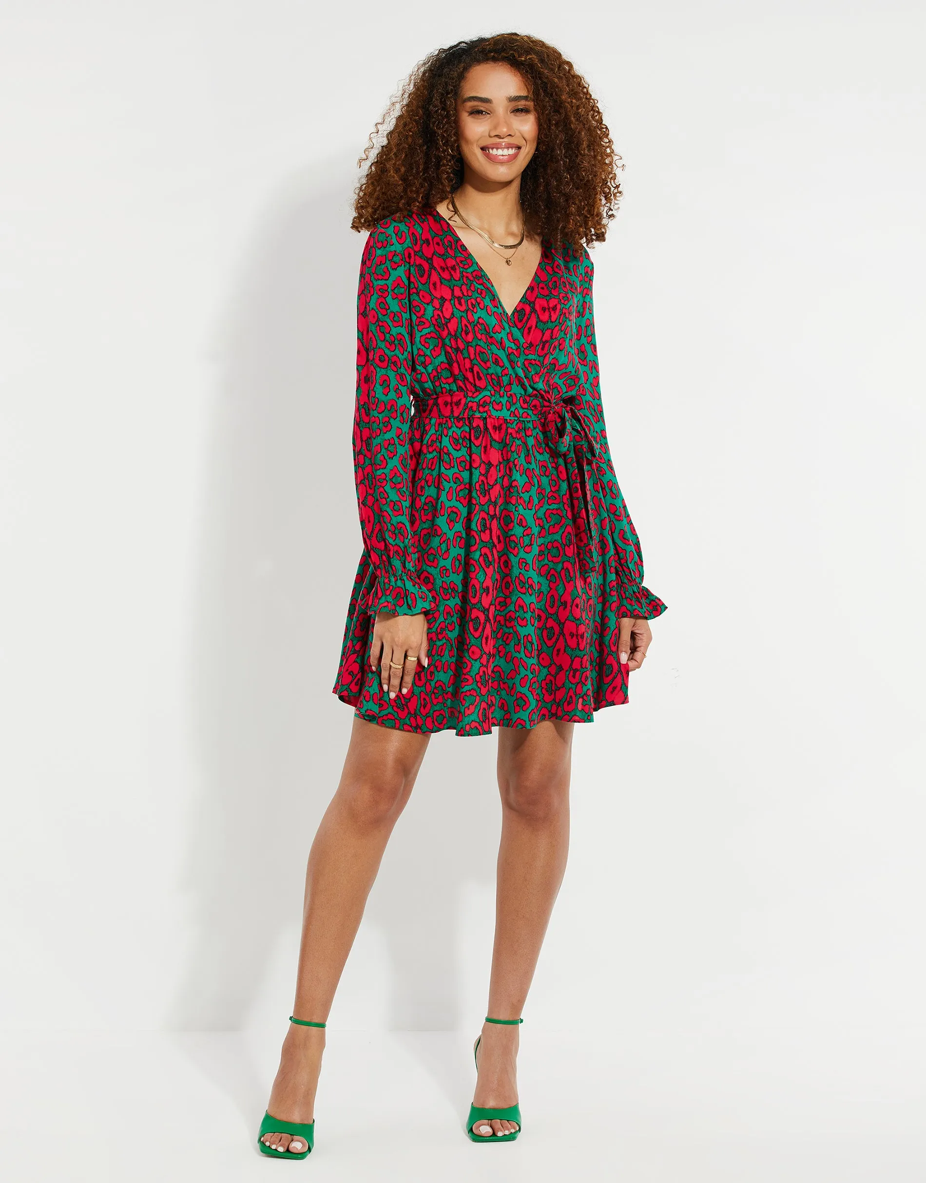 Women's Green Leopard Print Mini Wrap Dress sold by Threadbare product image thumbnail 3