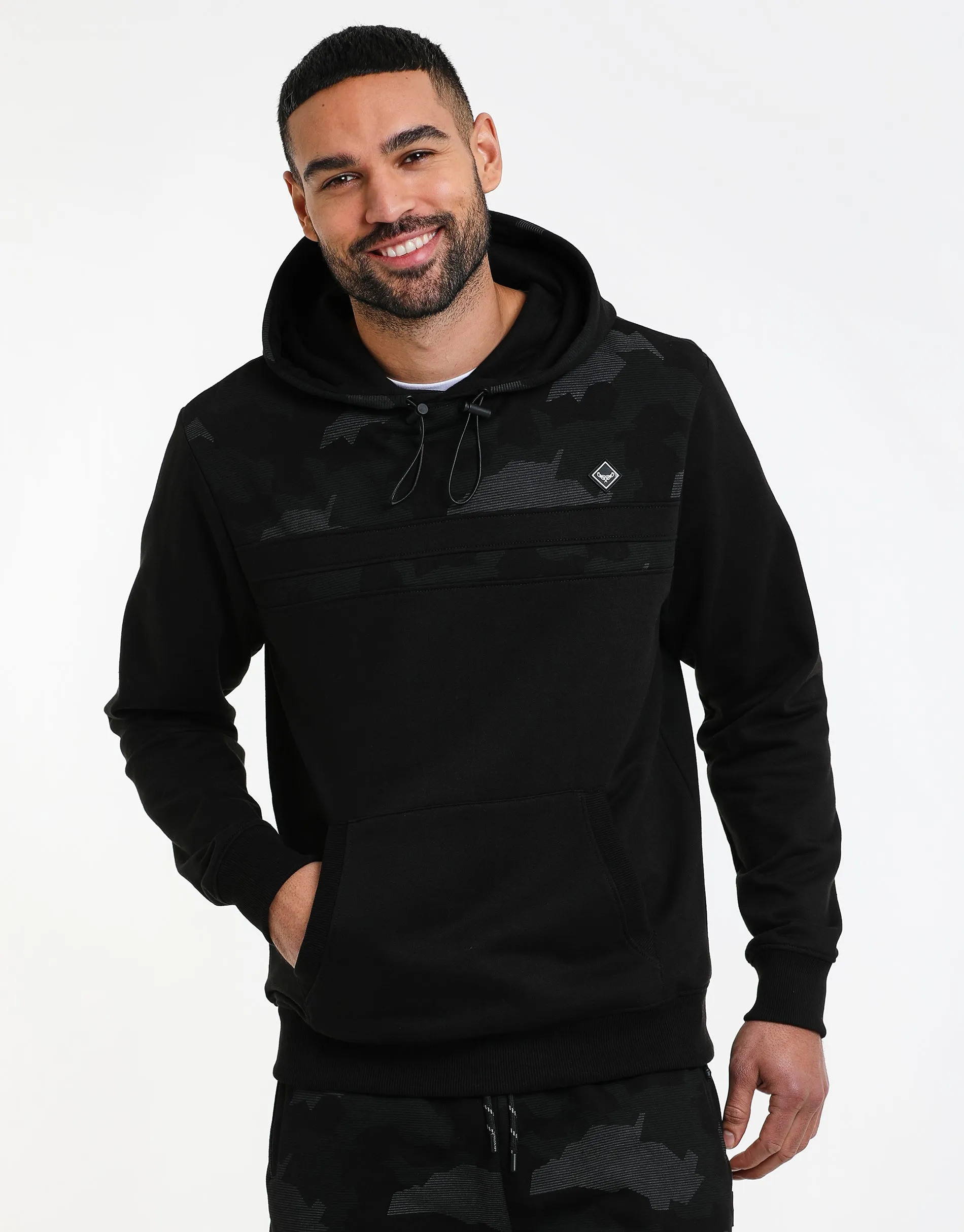 Men's Charcoal Camo Panel Pullover Hoodie sold by Threadbare