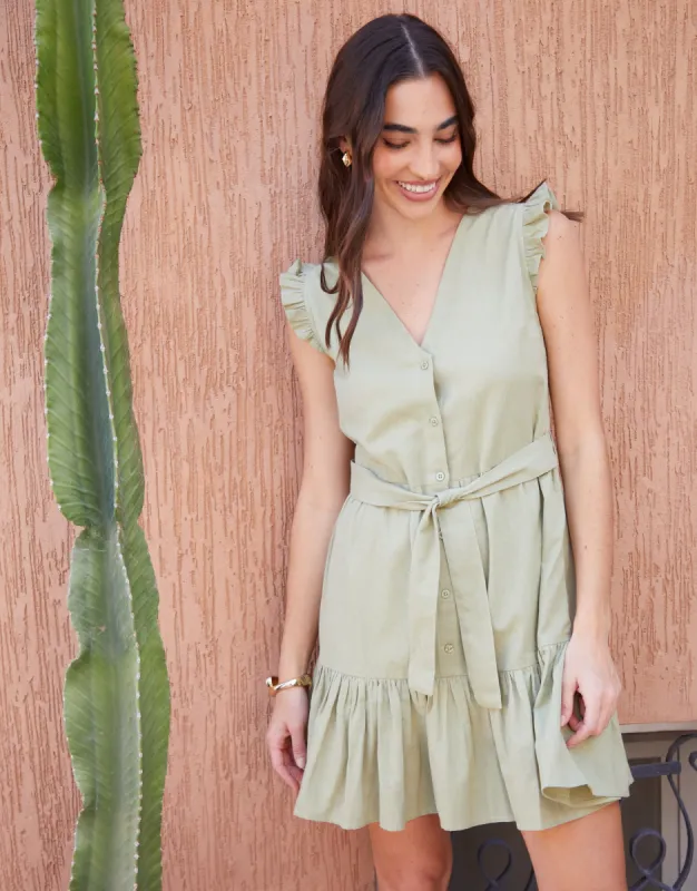 Women's Pistachio Frill Sleeve Linen Blend Mini Dress sold by Threadbare