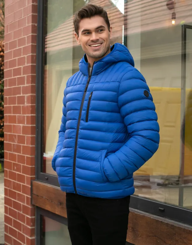 Men's Royal Blue Hooded Puffer Jacket sold by Threadbare