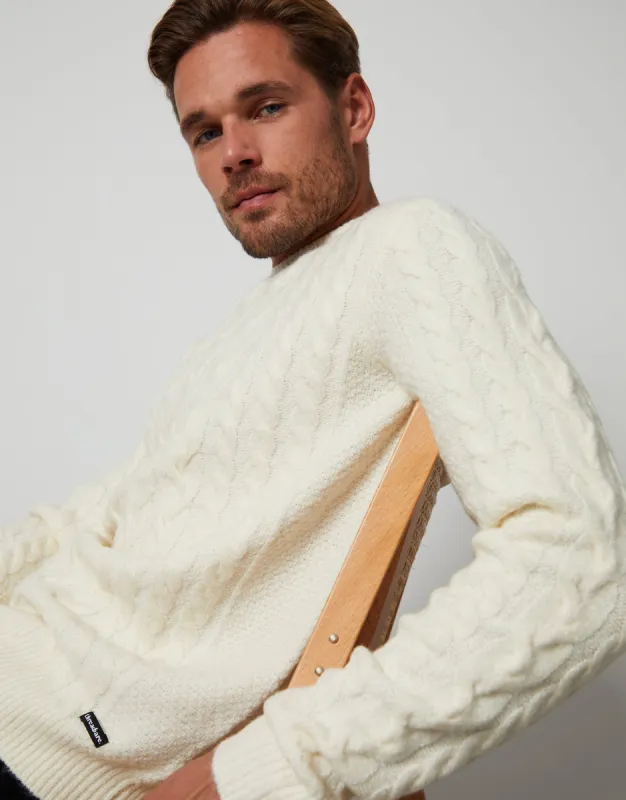 Men's Ecru Cable Knit Detail Crew Neck Jumper sold by Threadbare