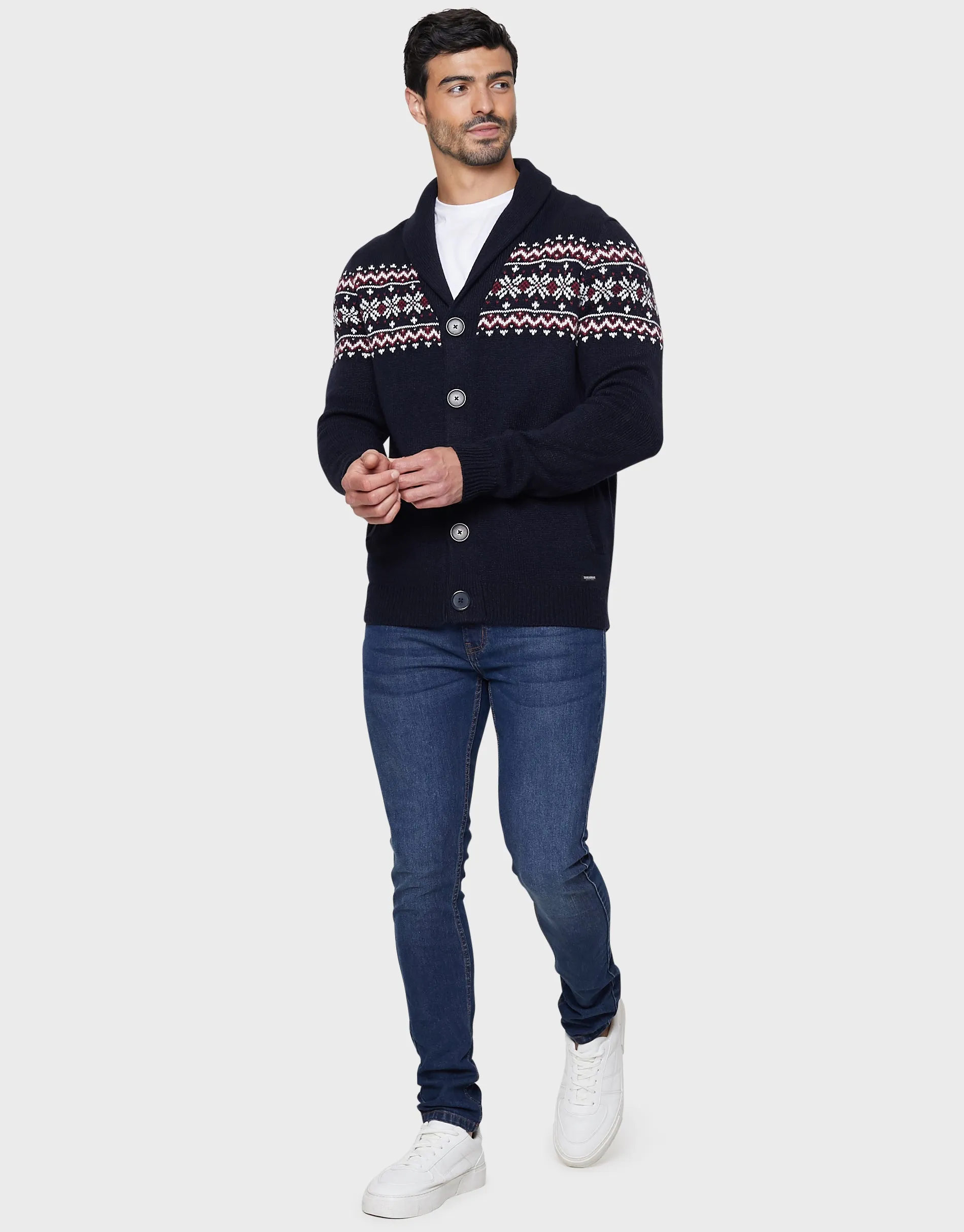 Men's Navy Fairisle Shawl Cardigan sold by Threadbare product image thumbnail 3