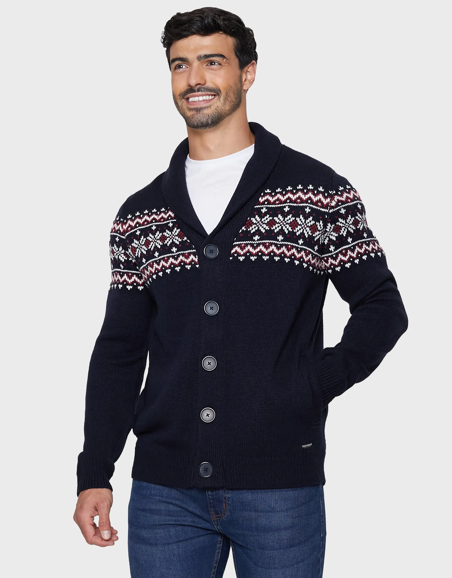 Men's Navy Fairisle Shawl Cardigan sold by Threadbare